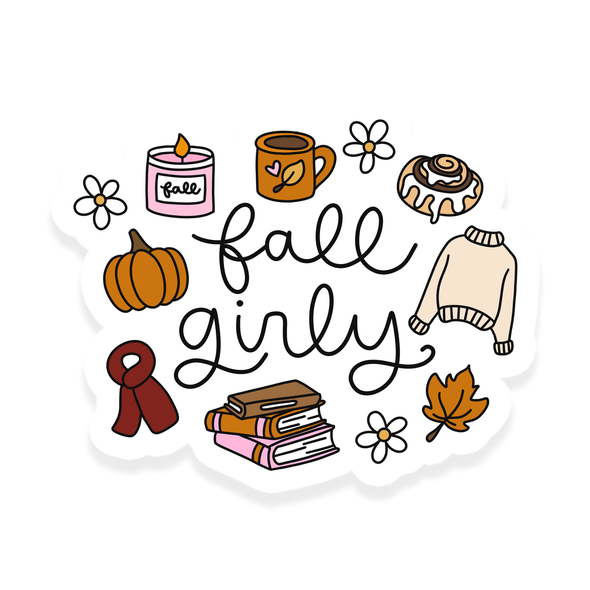Fall girly sticker with pumpkin, candle, coffee mug, cinnamon roll, sweater, scarf, books and fall leaves