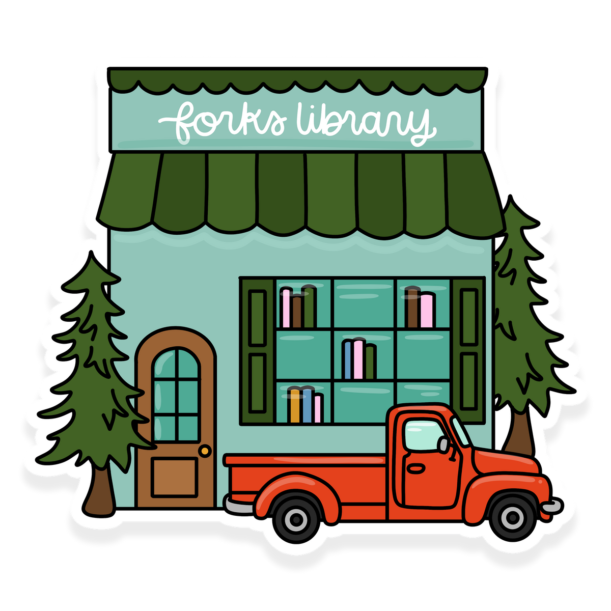 Forks library sticker with books and Pacific Northwest-inspired details