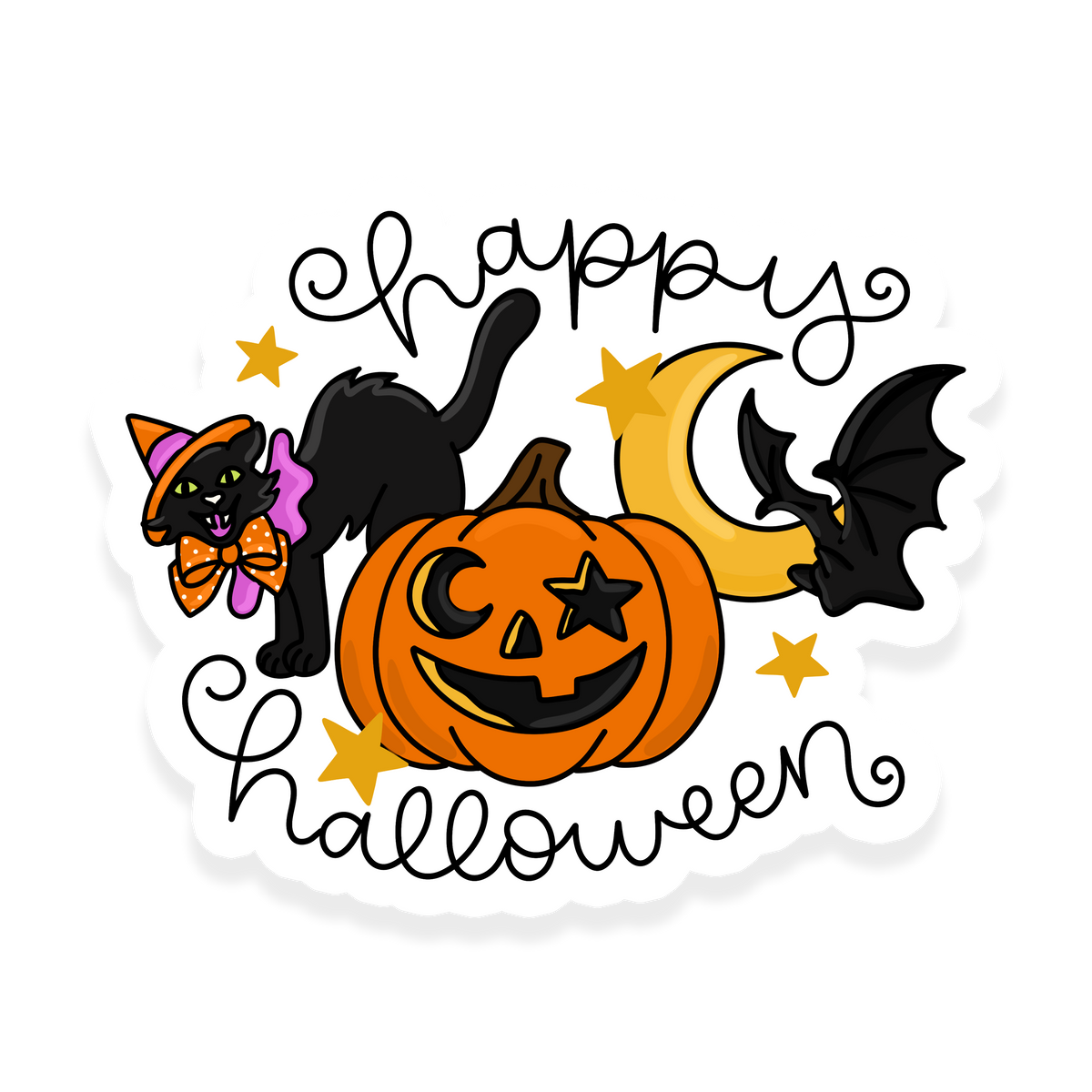 Happy Halloween sticker with colorful spooky season icons