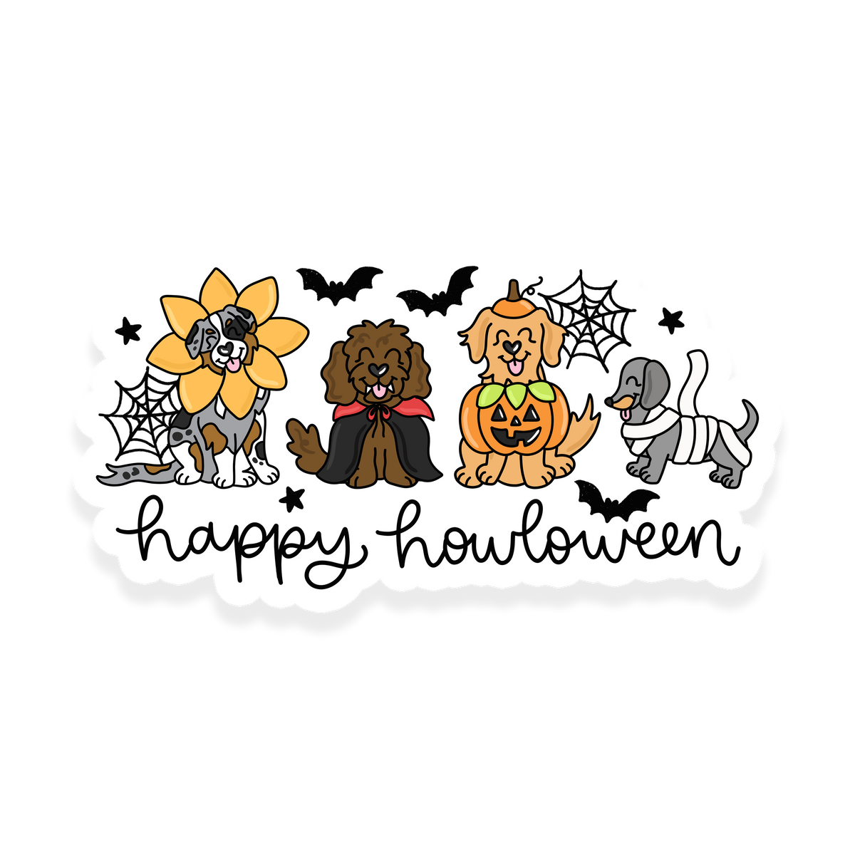 Halloween dog sticker with costumed dogs, pumpkins and bats