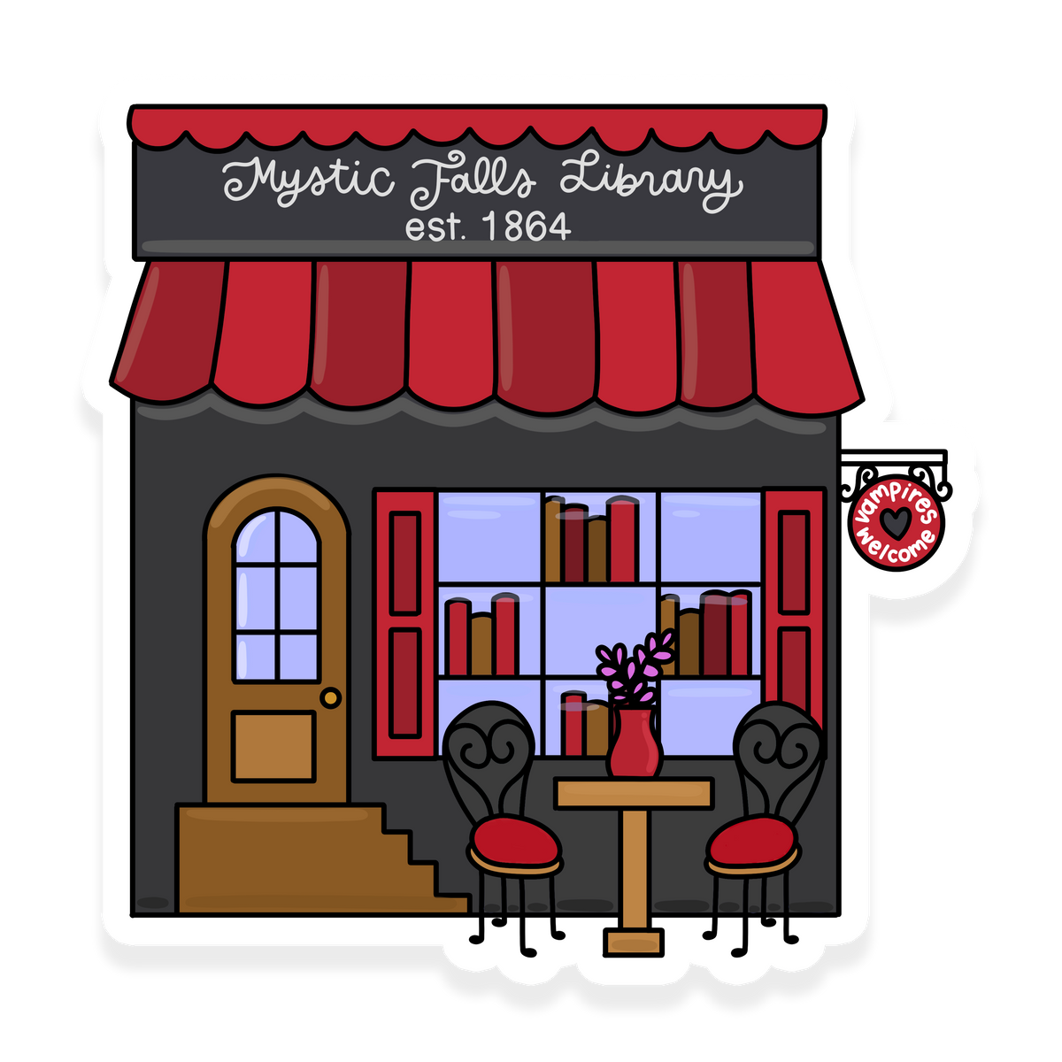 Mystic Falls Library sticker with red awning, books, cafe table and Vampires Welcome sign