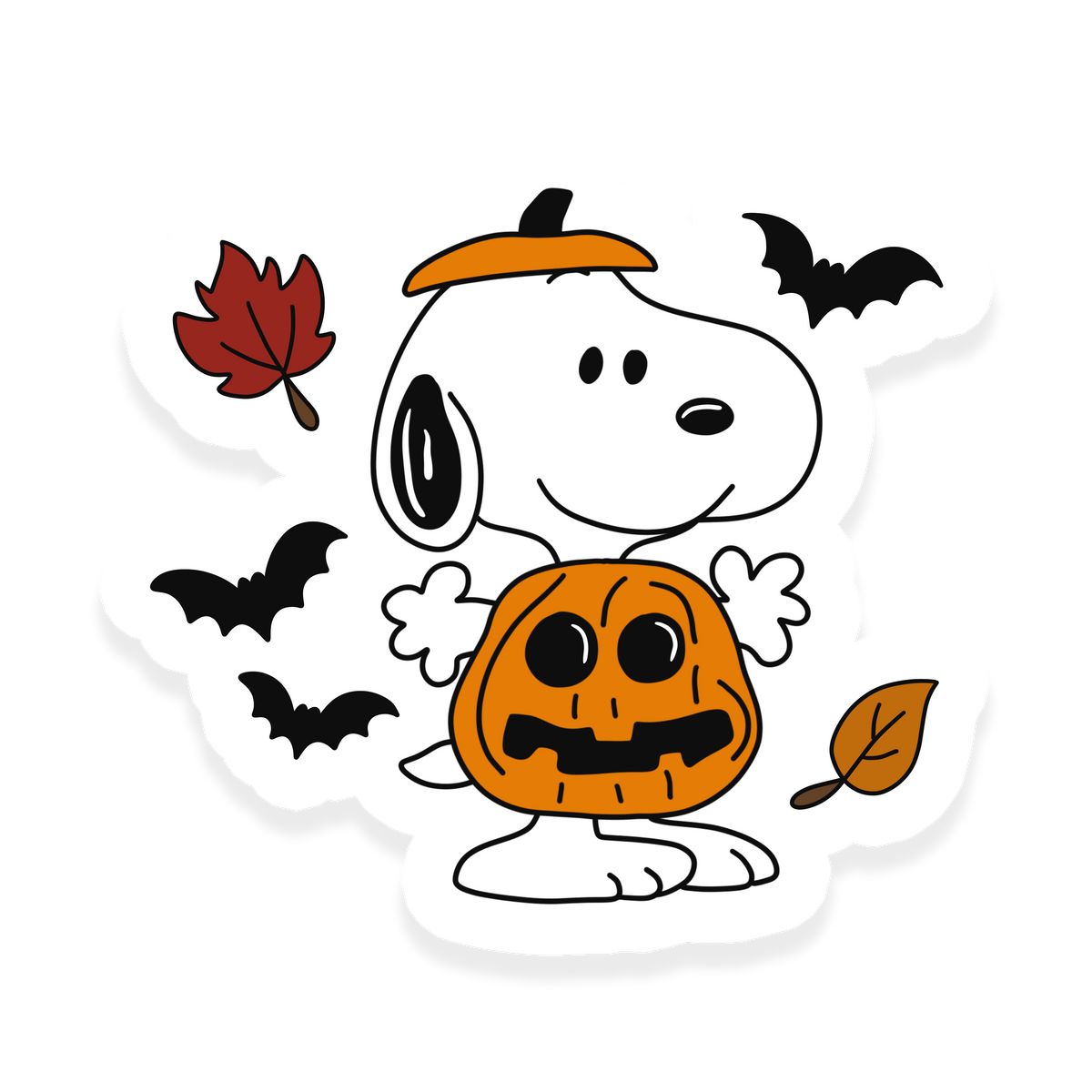 Snoopy Halloween sticker with pumpkin costume, bats and autumn leaves