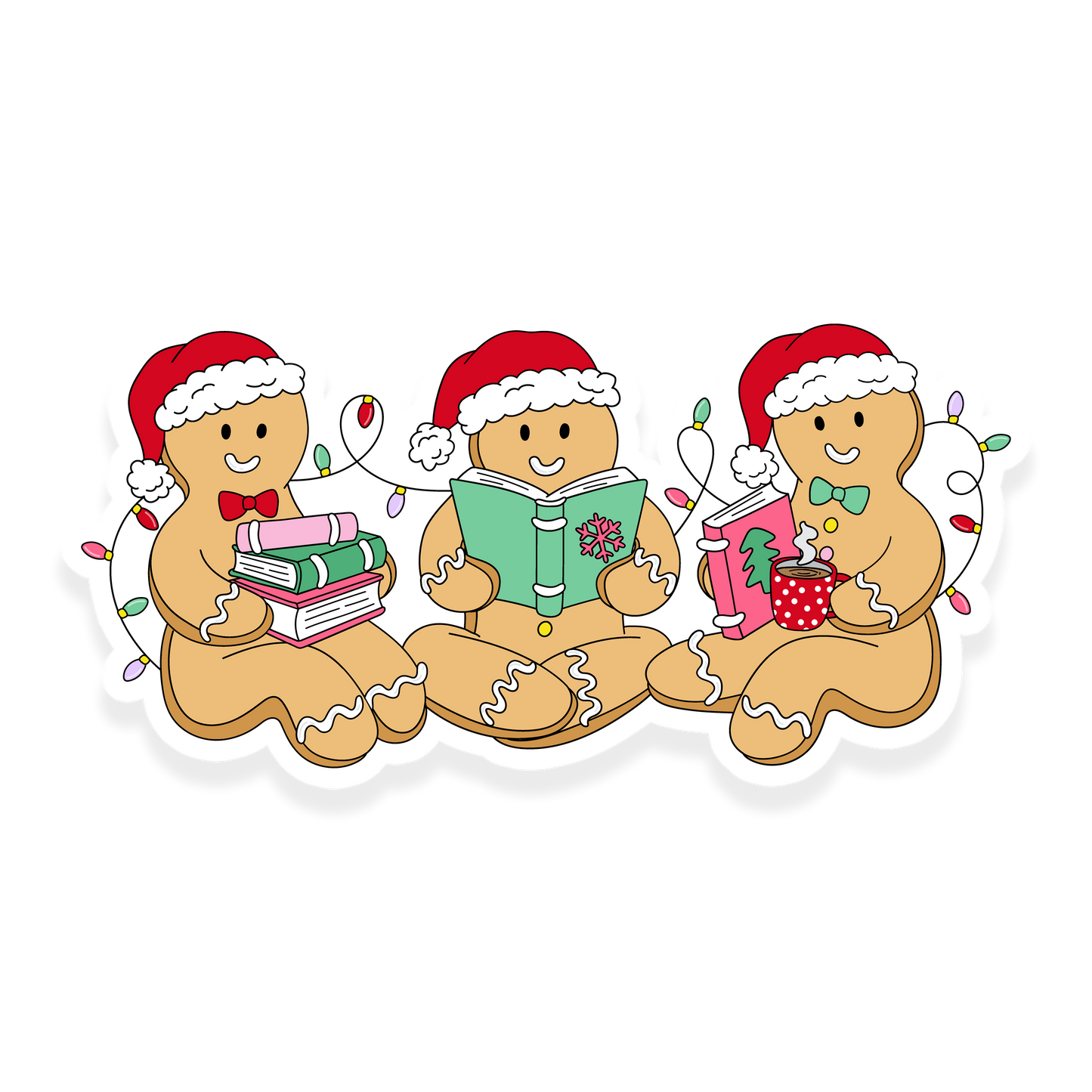 Three gingerbread characters in Santa hats reading books with Christmas lights around them.