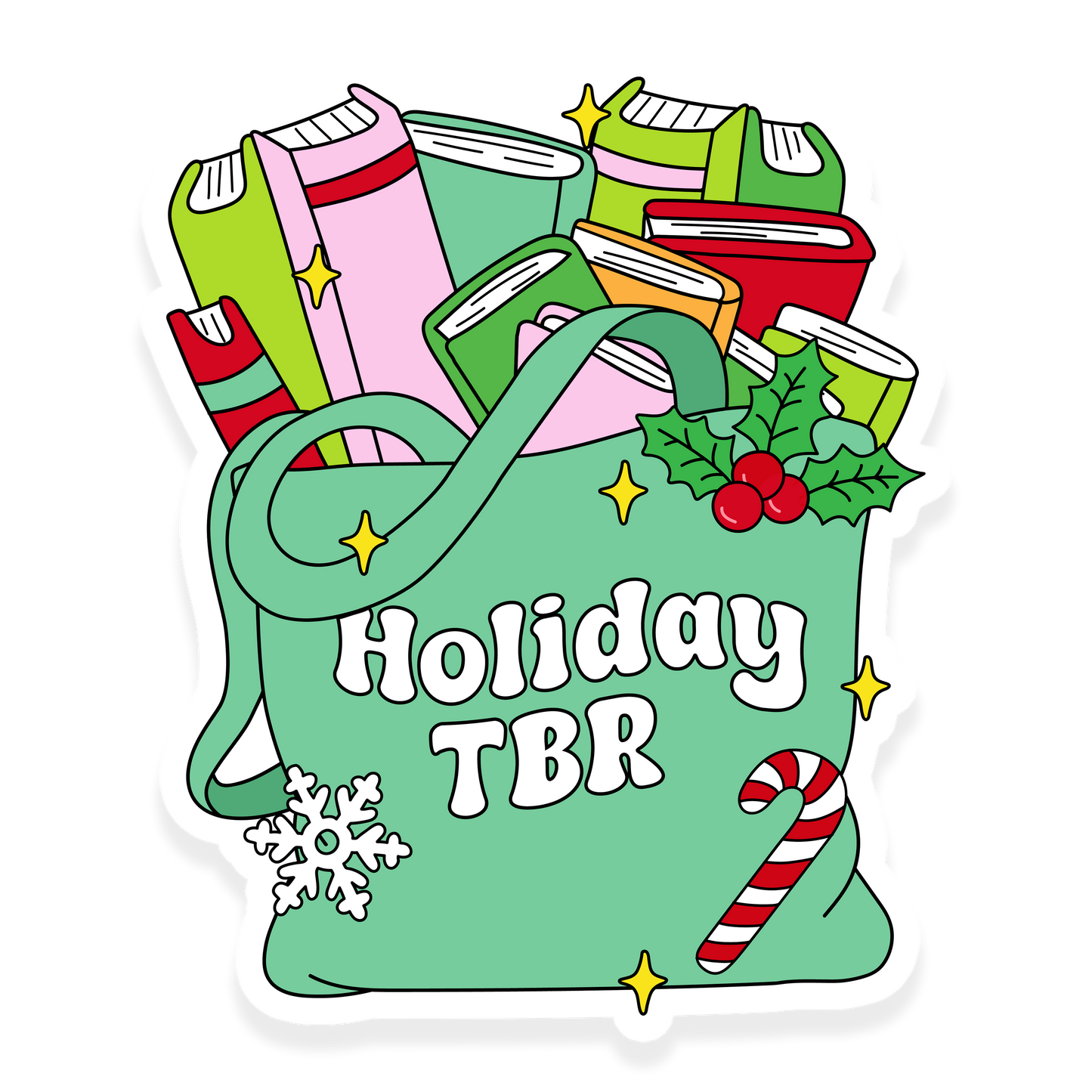 Green tote bag packed with colorful books, holly, snowflakes, and a candy cane labeled 'Holiday TBR.'