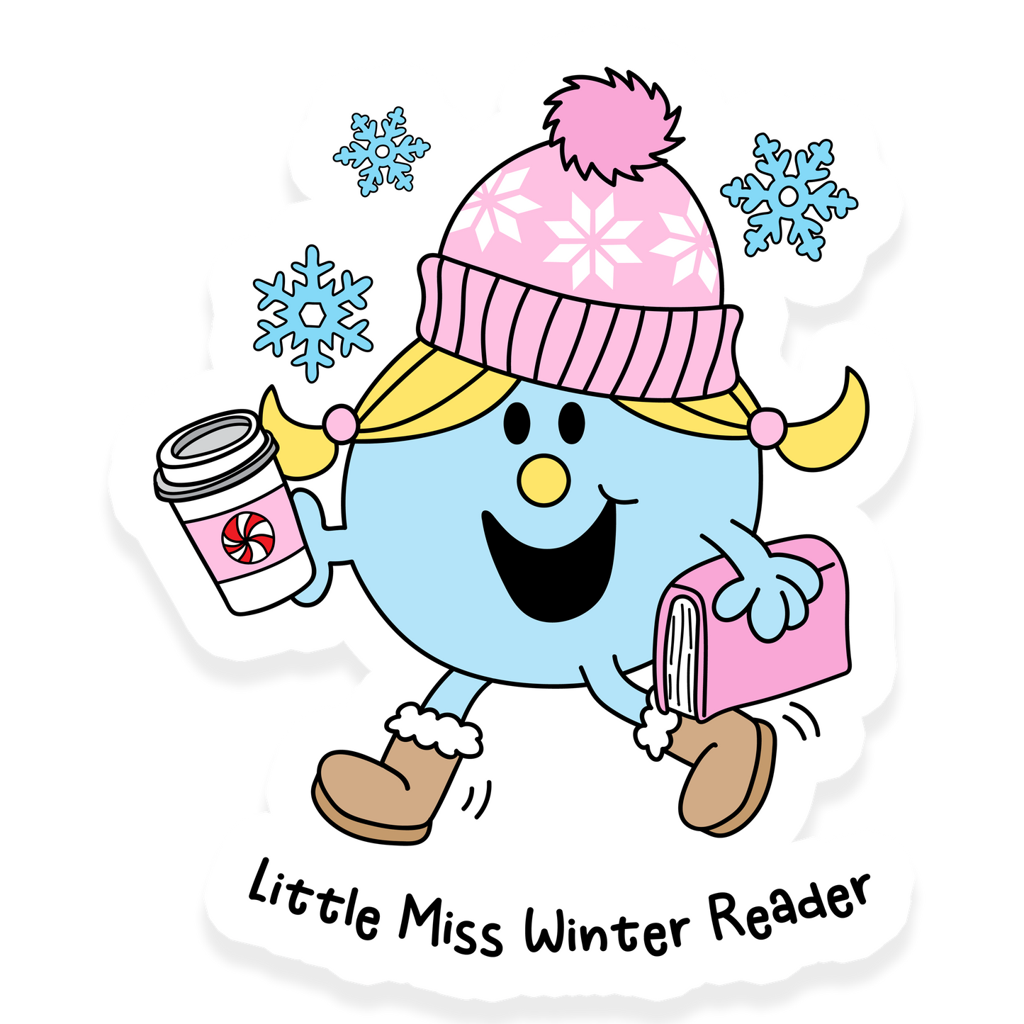 Little Miss Winter Reader sticker with a character in winter clothes holding a coffee and a book with snowflakes around her.