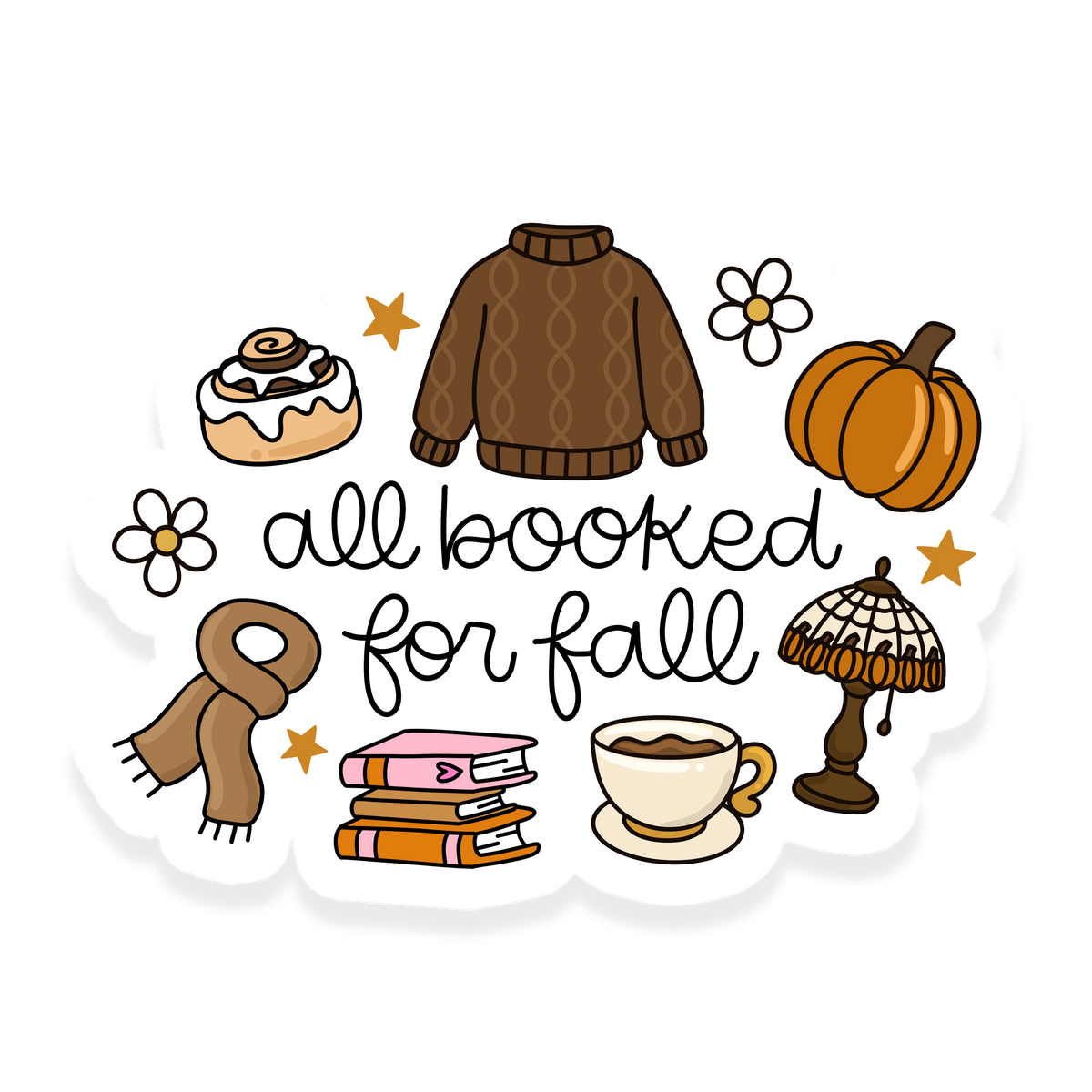 Booked for fall sticker with books and cozy autumn reading details