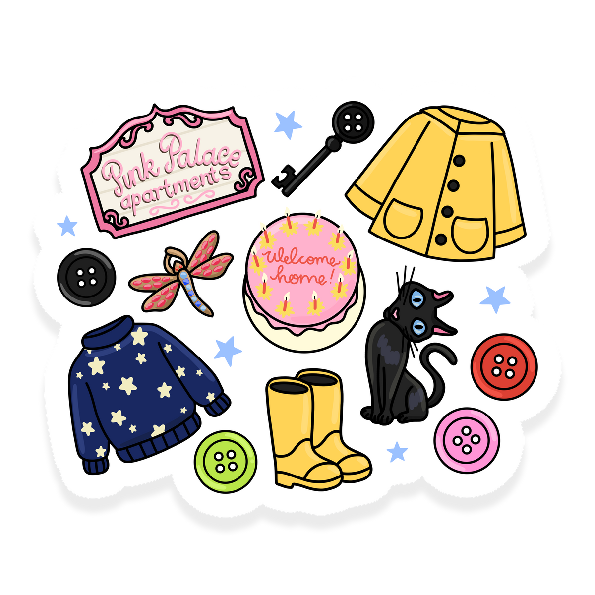 Coraline-inspired sticker with spooky whimsical details