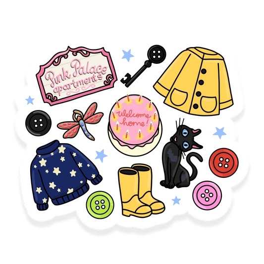 Coraline-inspired sticker with spooky whimsical details