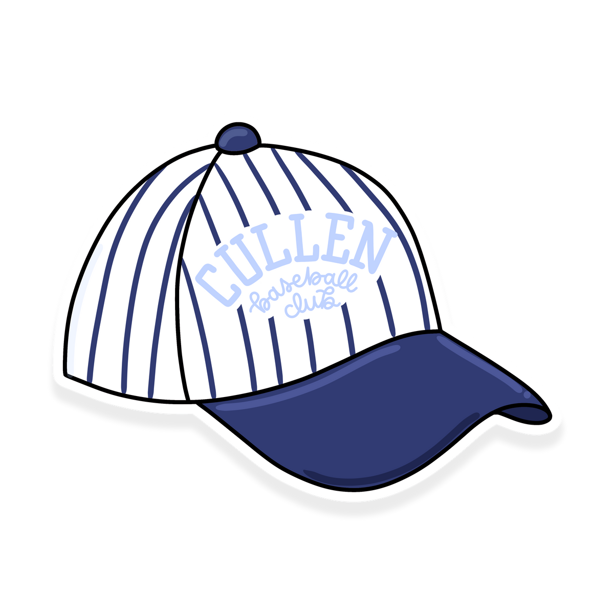 Cullen Baseball Club hat sticker with navy and white striped baseball cap