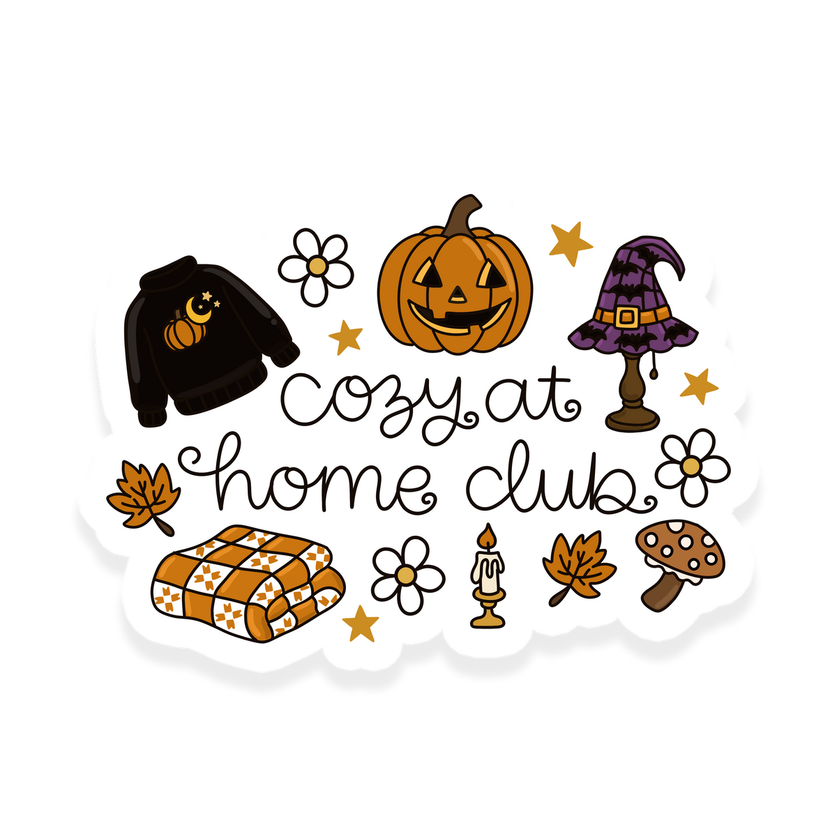Cozy at Home Club sticker with books, blanket and cozy fall details