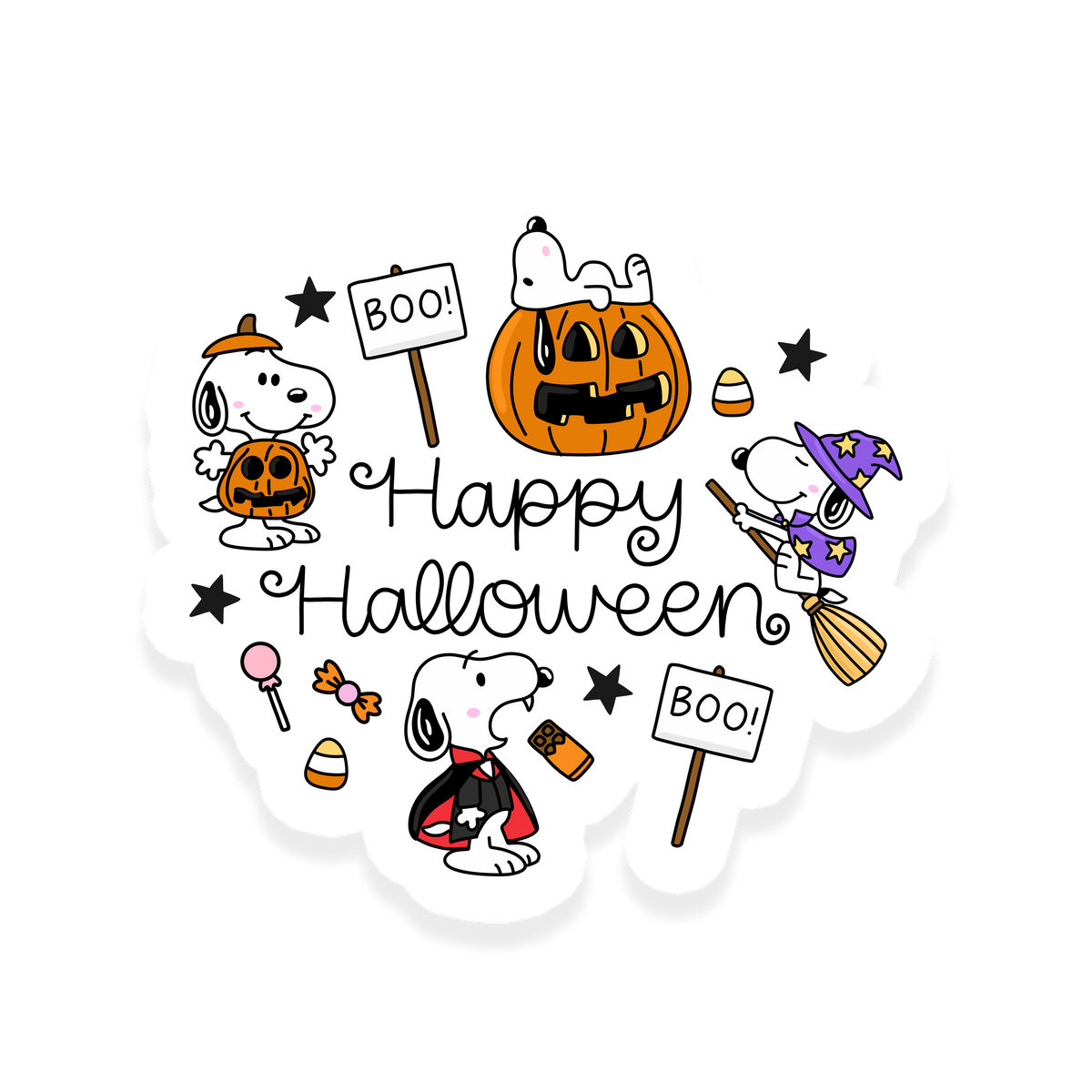 Happy Halloween Snoopy sticker with festive spooky season details