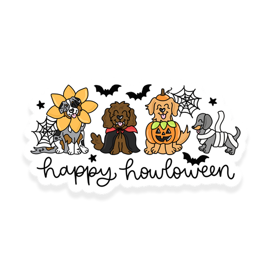 Halloween dog sticker with costumed dogs, pumpkins and bats