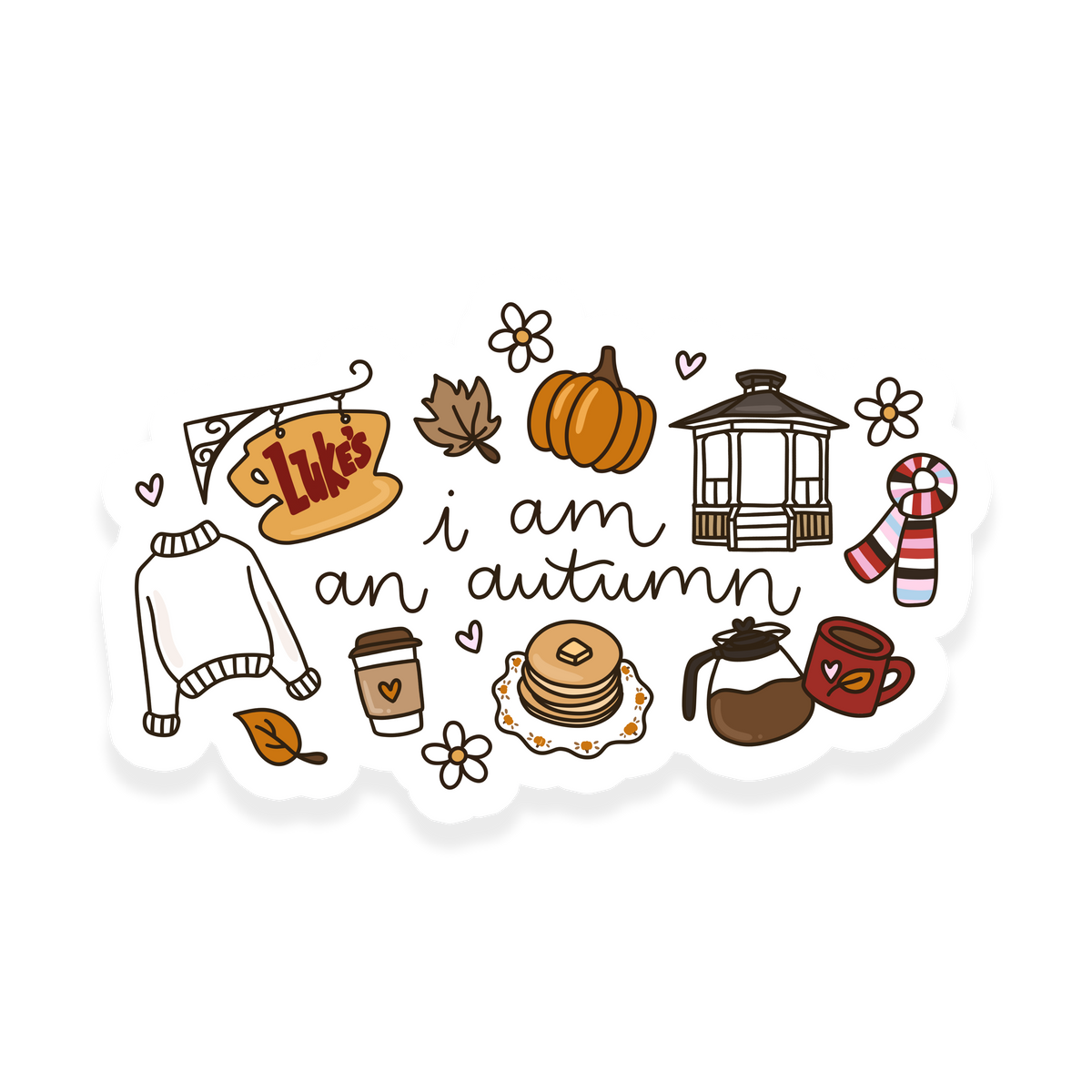 I am an autumn sticker with Luke's sign, gazebo, pumpkins, sweater, coffee, pancakes and scarf