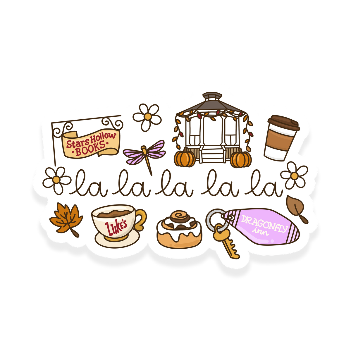 Stars Hollow la la la sticker with gazebo, Luke's coffee, Dragonfly Inn keychain, cinnamon roll, flowers and fall leaves