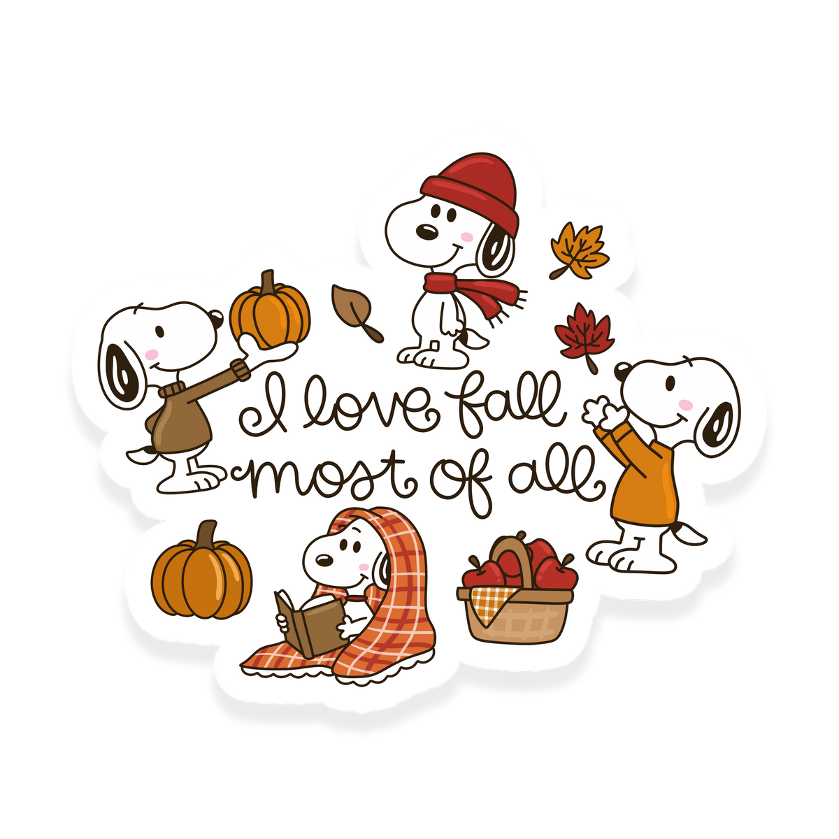I love fall most of all sticker with Snoopy, pumpkins, apples, autumn leaves and cozy fall outfits