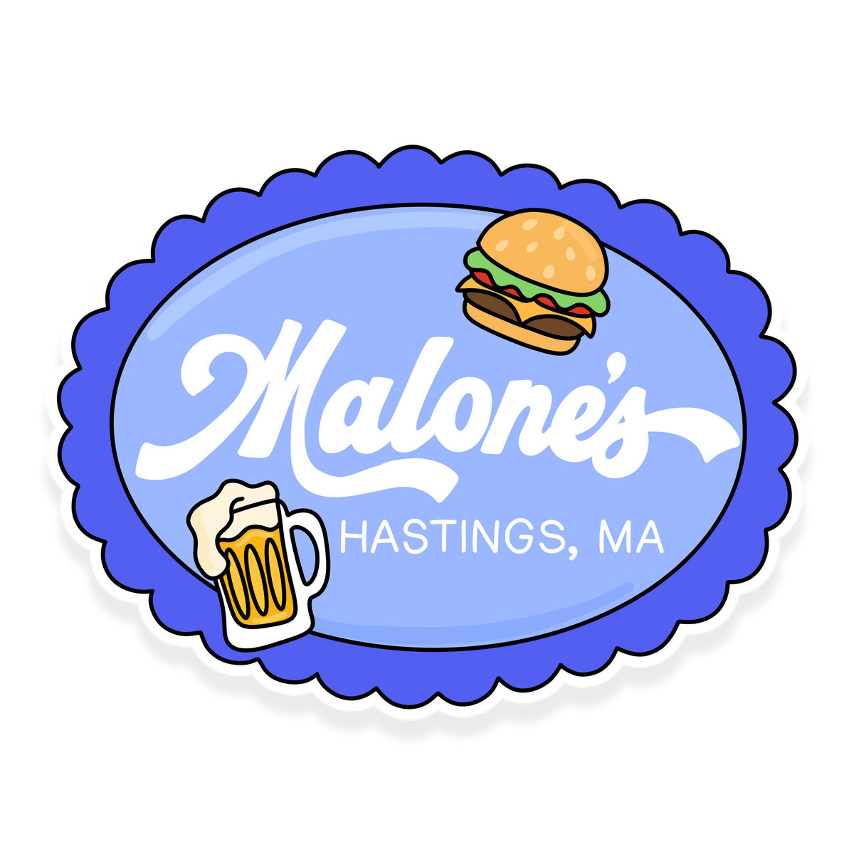 Malone's Hastings MA sticker with blue oval restaurant sign, burger and beer mug