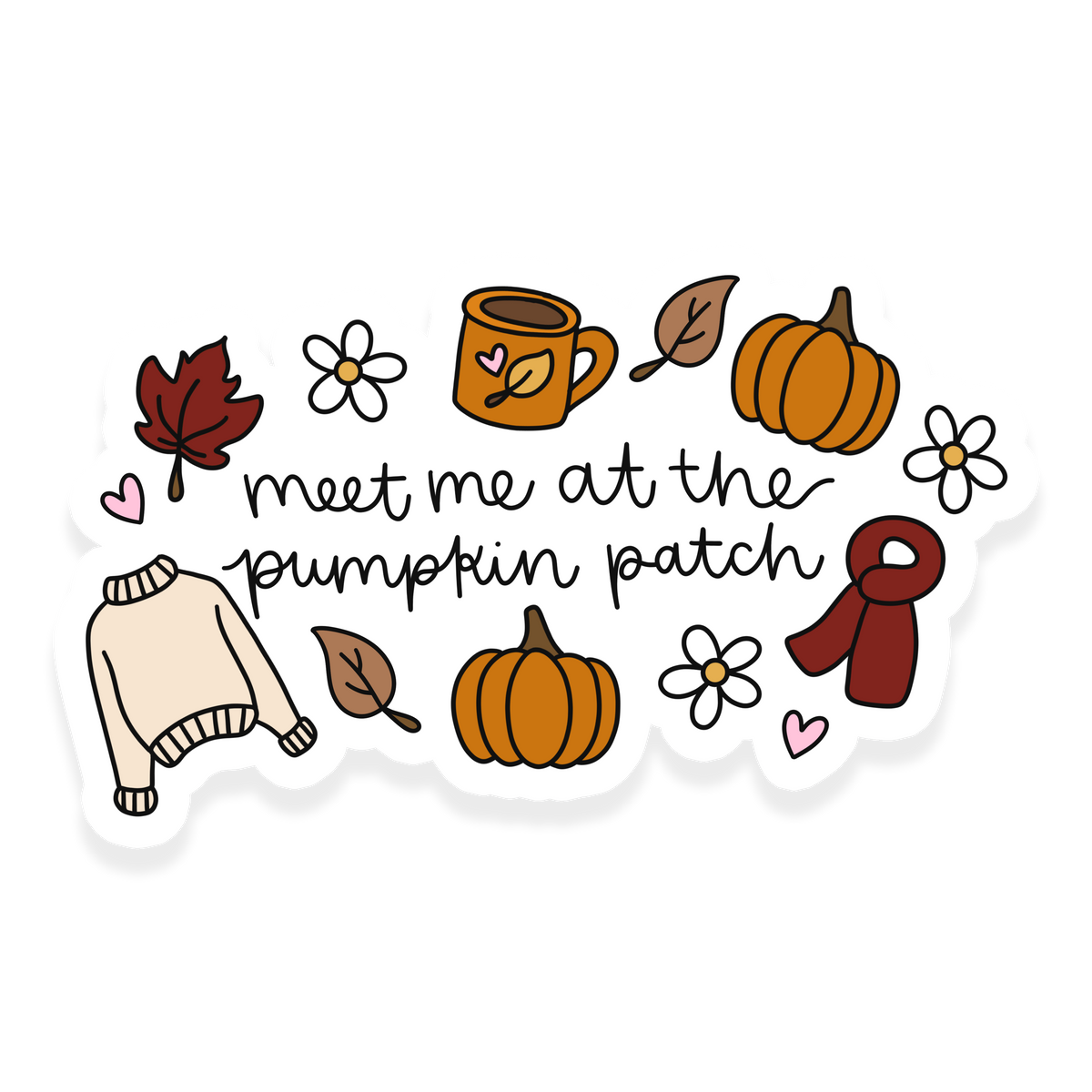 Pumpkin spice season sticker with pumpkin, cinnamon roll, pie, cinnamon sticks, coffee mug, candle, flowers and fall leaf