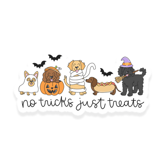 No tricks just treats sticker with dogs in Halloween costumes and bats