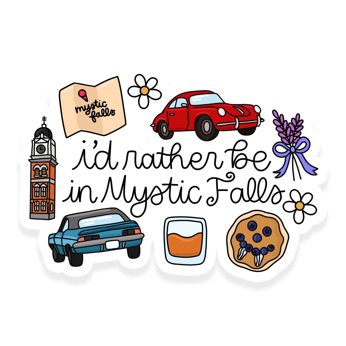 I'd rather be in Mystic Falls sticker with town clock tower, cars, map, lavender flowers, bourbon glass and blueberry pancake