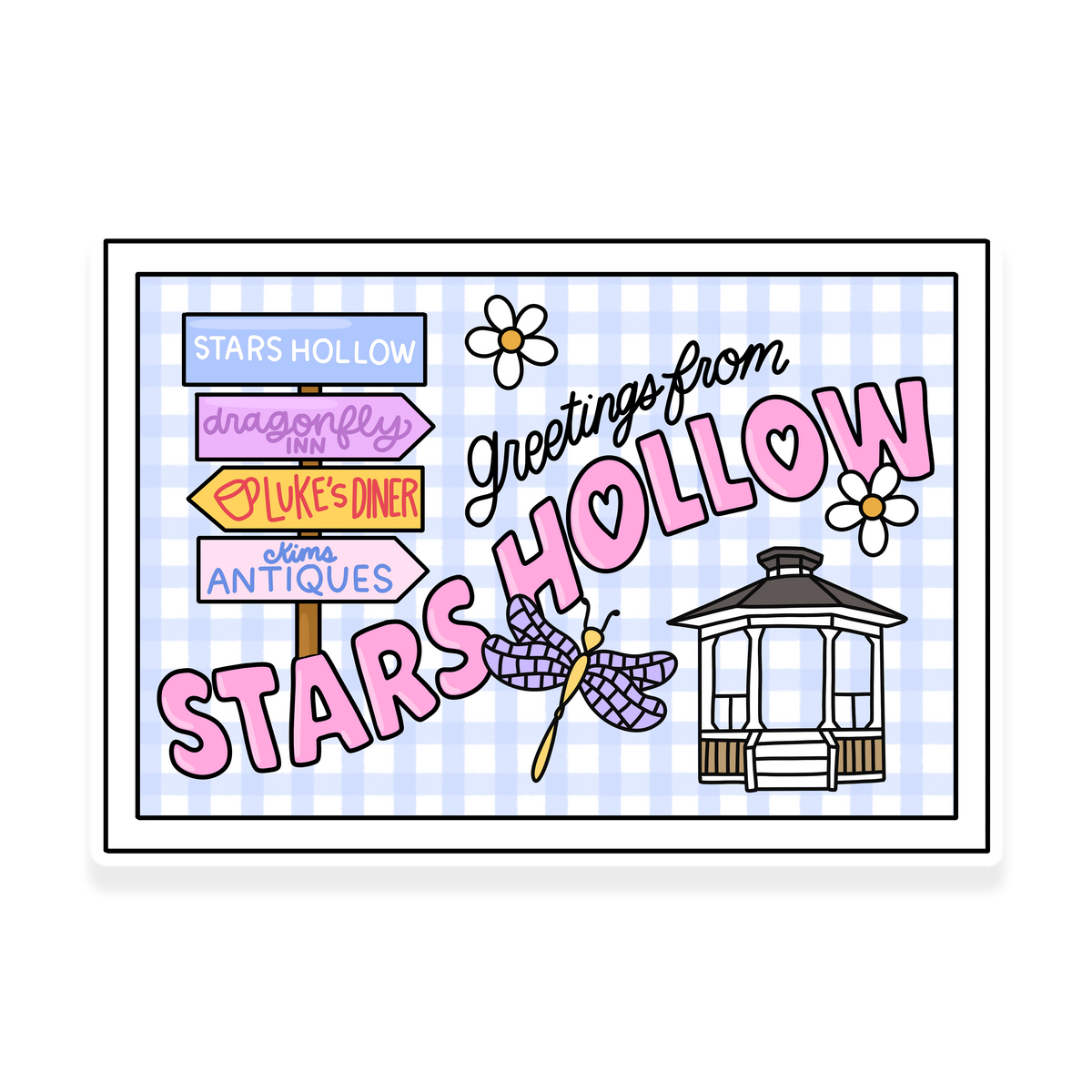 Greetings from Stars Hollow postcard sticker with town signs, gazebo, dragonfly and blue gingham background