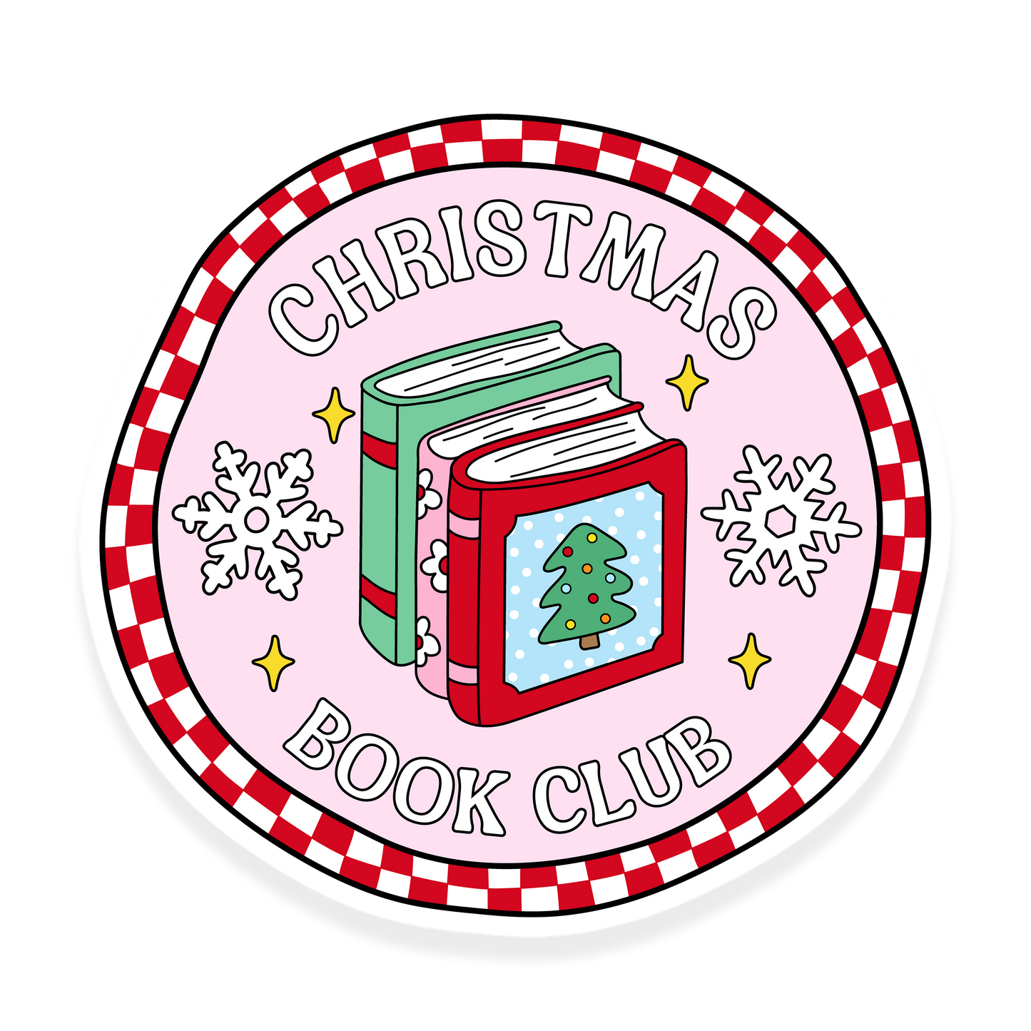 Circle badge with Christmas books, snowflakes, and the text 'Christmas Book Club.'