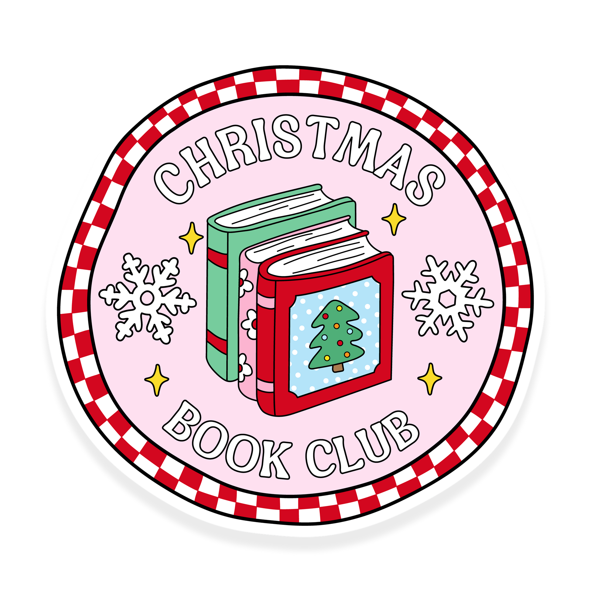 Circle badge with Christmas books, snowflakes, and the text 'Christmas Book Club.'