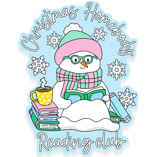 Cute snowman reading books with hot cocoa, snowflakes, and text 'Christmas Homebody Reading Club.'