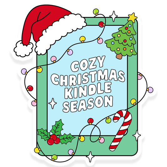 Kindle with Christmas lights, Santa hat, candy cane, holly, and the phrase 'Cozy Christmas Kindle Season.'