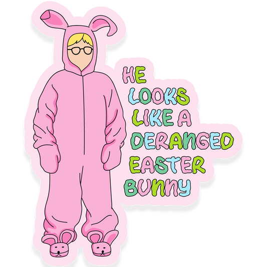 Person in a pink bunny suit with glasses next to the phrase 'He looks like a deranged Easter bunny.'