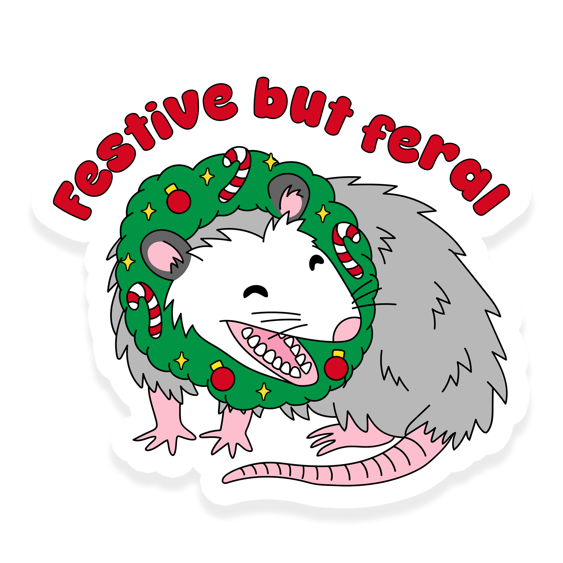 Possum wearing a Christmas wreath with candy canes and ornaments with the text 'Festive but feral.'
