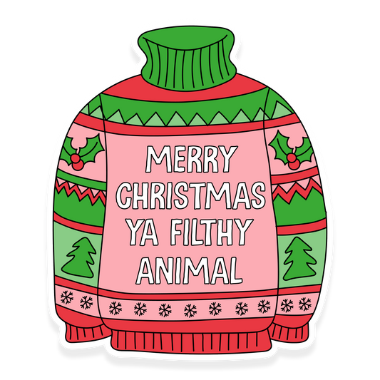 Ugly Christmas sweater design with holly and the phrase 'Merry Christmas ya filthy animal.'