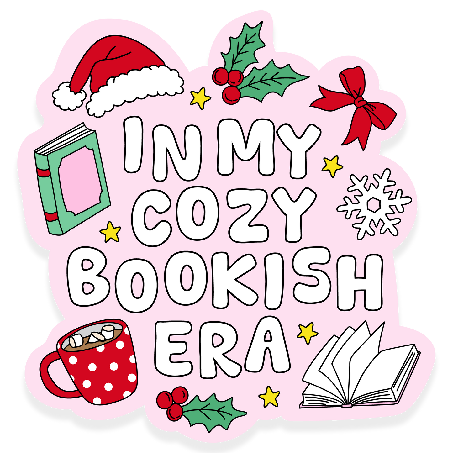 Pink background with Christmas icons and the phrase 'In my cozy bookish era.'