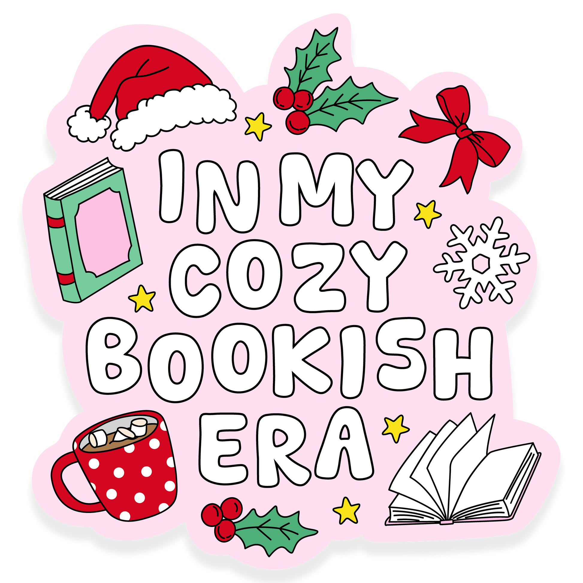 Pink background with Christmas icons and the phrase 'In my cozy bookish era.'