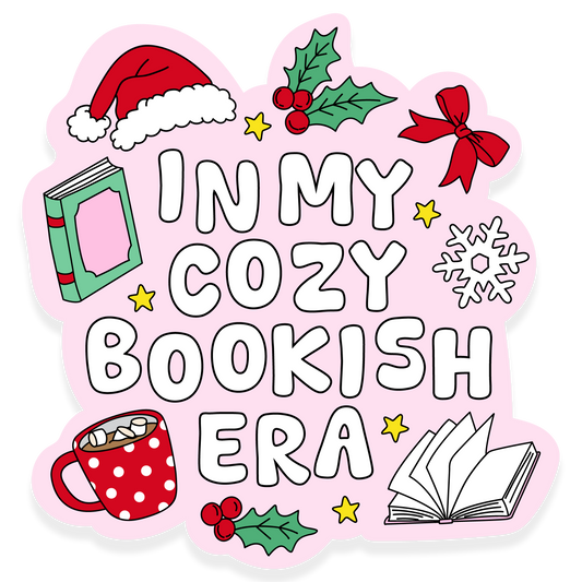 Pink background with Christmas icons and the phrase 'In my cozy bookish era.'