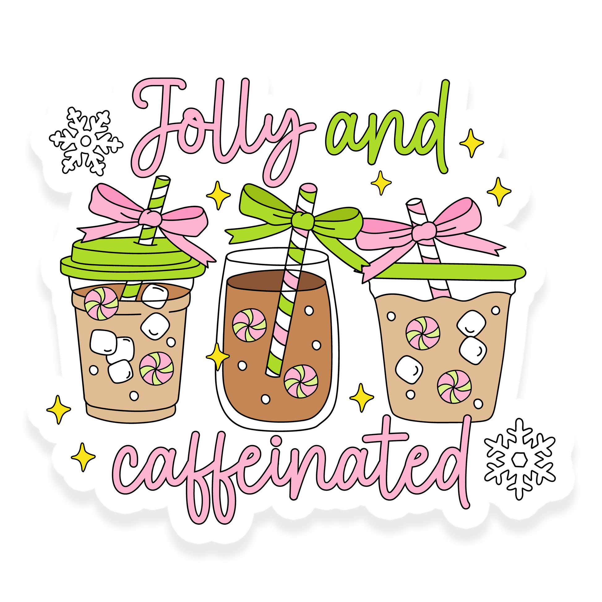 Holiday iced coffee sticker with three festive drinks topped with bows and peppermint straws and the phrase 'Jolly and Caffeinated'.