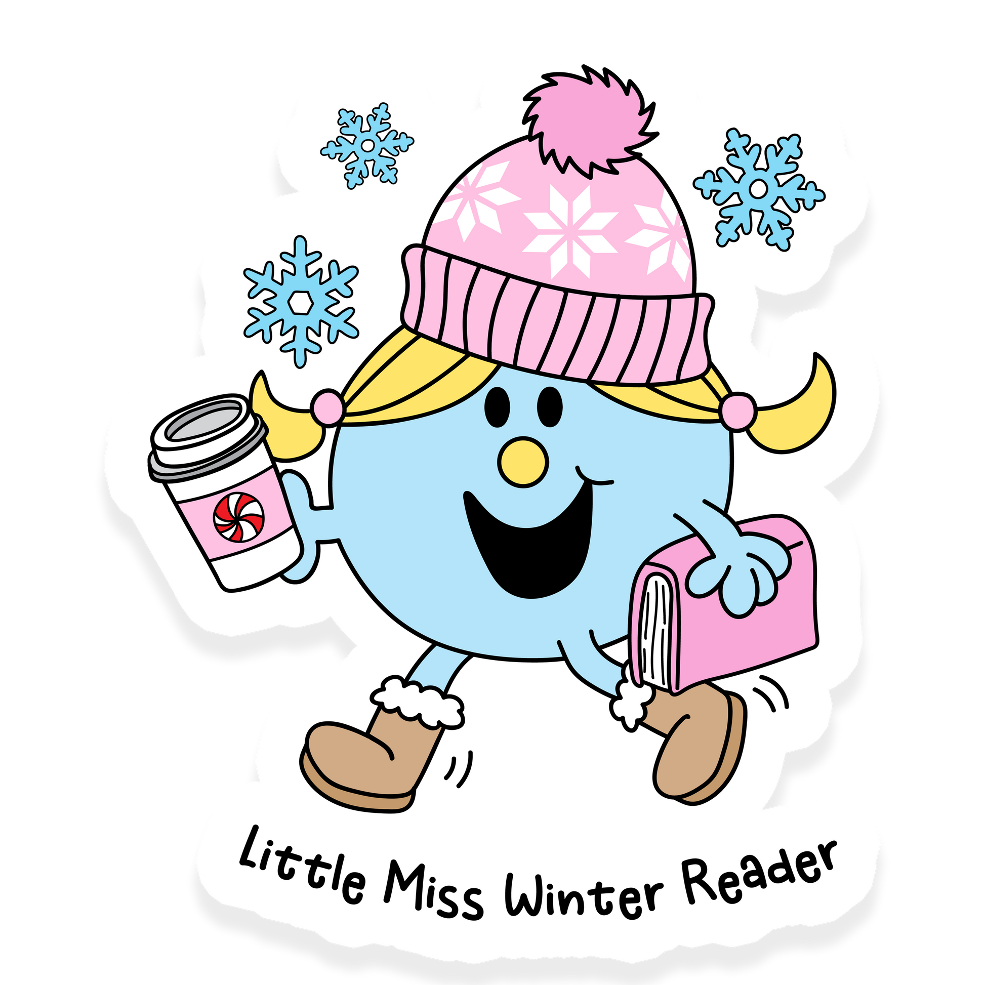 Little Miss Winter Reader sticker with a character in winter clothes holding a coffee and a book with snowflakes around her.