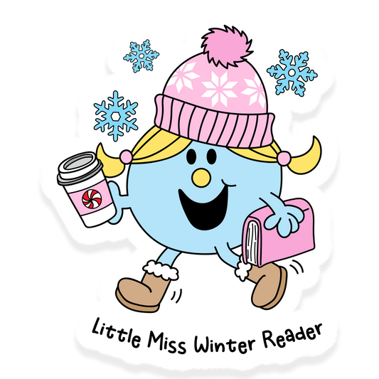 Little Miss Winter Reader sticker with a character in winter clothes holding a coffee and a book with snowflakes around her.