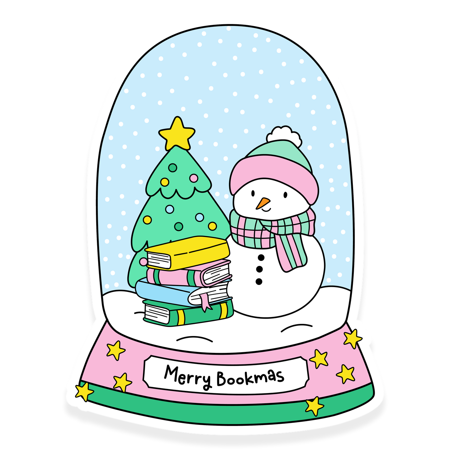 Snow globe sticker with a snowman, Christmas tree, and stack of books labeled Merry Bookmas.