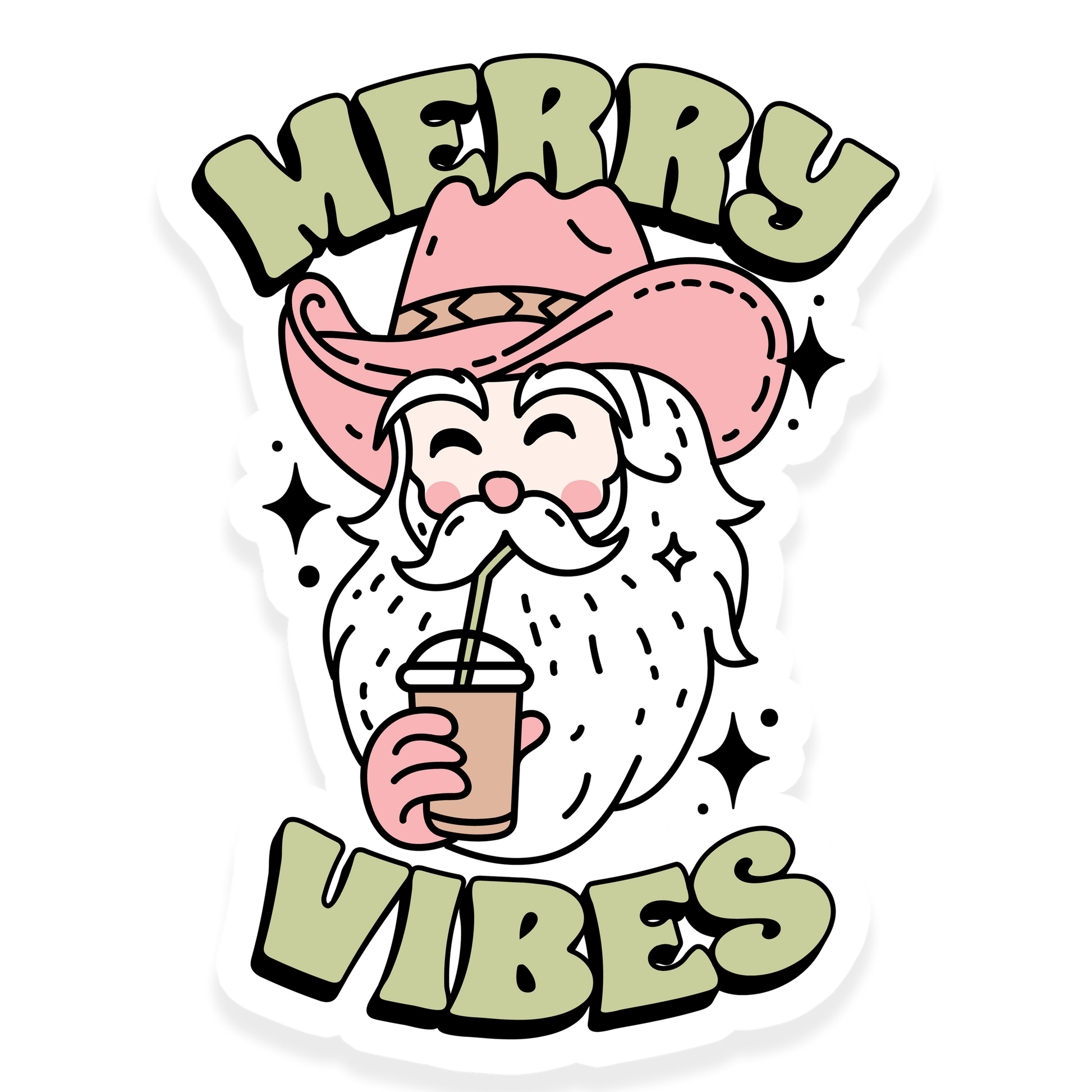Cowboy Santa drinking iced coffee with the phrase Merry Vibes.