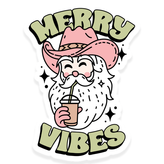 Cowboy Santa drinking iced coffee with the phrase Merry Vibes.
