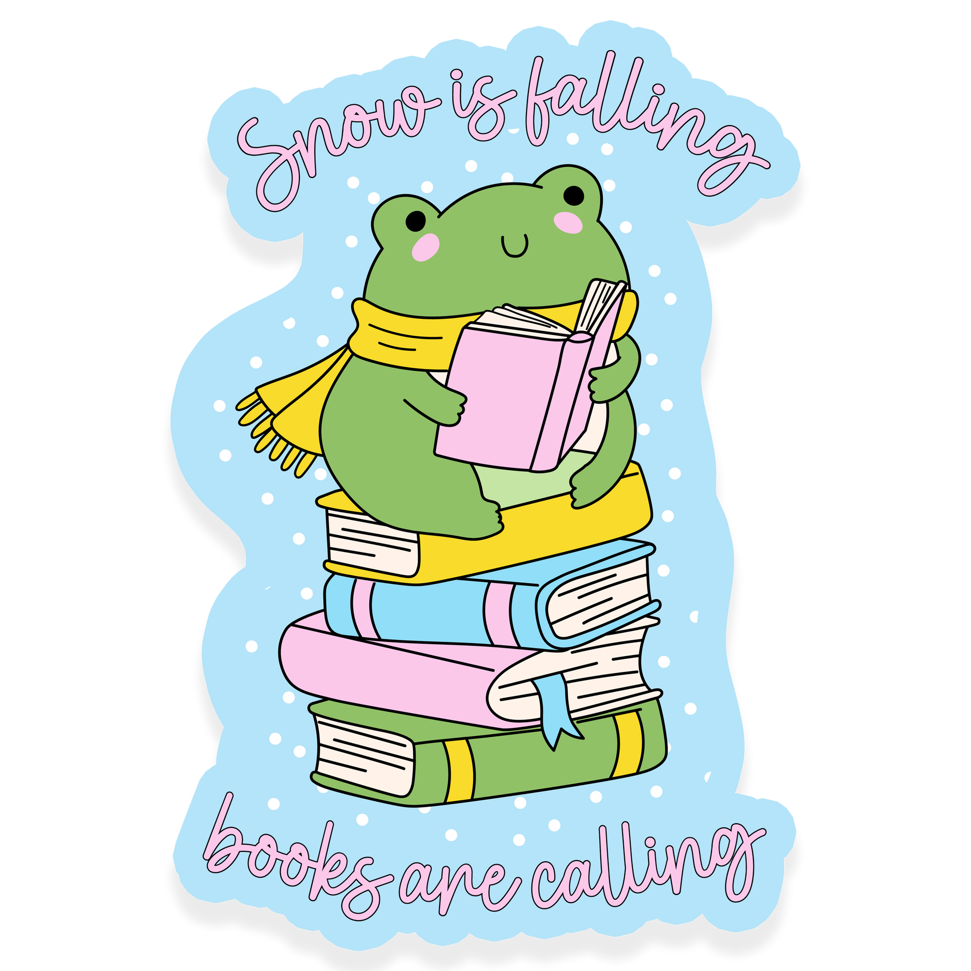 frog reading books snow is falling sticker