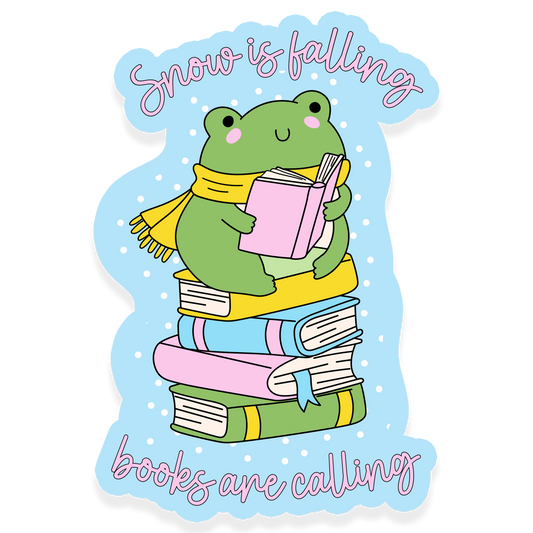frog reading books snow is falling sticker